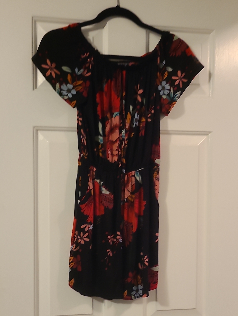 Black Floral Short Sleeve Romper W/Pockets